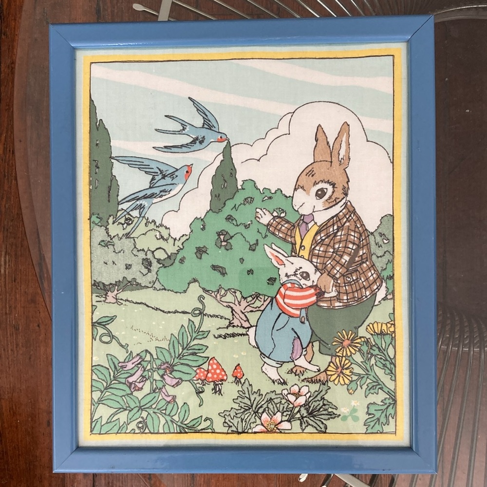Vintage Framed Cyrus Clark stitched screen print rabbit garden scene - Picture 15 of 15